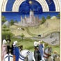 Enluminure du folio 8 (verso) du mois d’août extraite d'un livre d'heures, appelant les prières et les différentes tâches à accomplir tout au long de l'année. Le château représenté sur cette image n'est autre que le château d'Etampes.