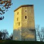 Orthez : La tour maîtresse ou donjon a une forme pentagonale comporte quatre étages. Les étages supérieurs étaient résidentiels. Un escalier à vis placé dans l'éperon de la tour permet de relier les deux derniers étages de la tour avec la plateforme sommitale. Cet escalier a dû être rajouté après la fin de la construction de la tour. Ce changement de dispositions dans la structure de la tour a fait écrire par Gabriel Andral4 que les deux derniers étages ont été ajoutés par Gaston Fébus, entre 1368 et 1375, avec d'autres améliorations du logis et des enceintes, par son ingénieur militaire Sicard de Lordat.  Des fenêtres ont été ajoutées dans les derniers étages de la tour probablement à la même époque car la pierre utilisée est identique à celle de l'escalier et différente de celle de la tour. La cheminée du deuxième étage est contemporaine. Son style la rattache au XIVe siècle. Une autre cheminée peut dater du XVe siècle.